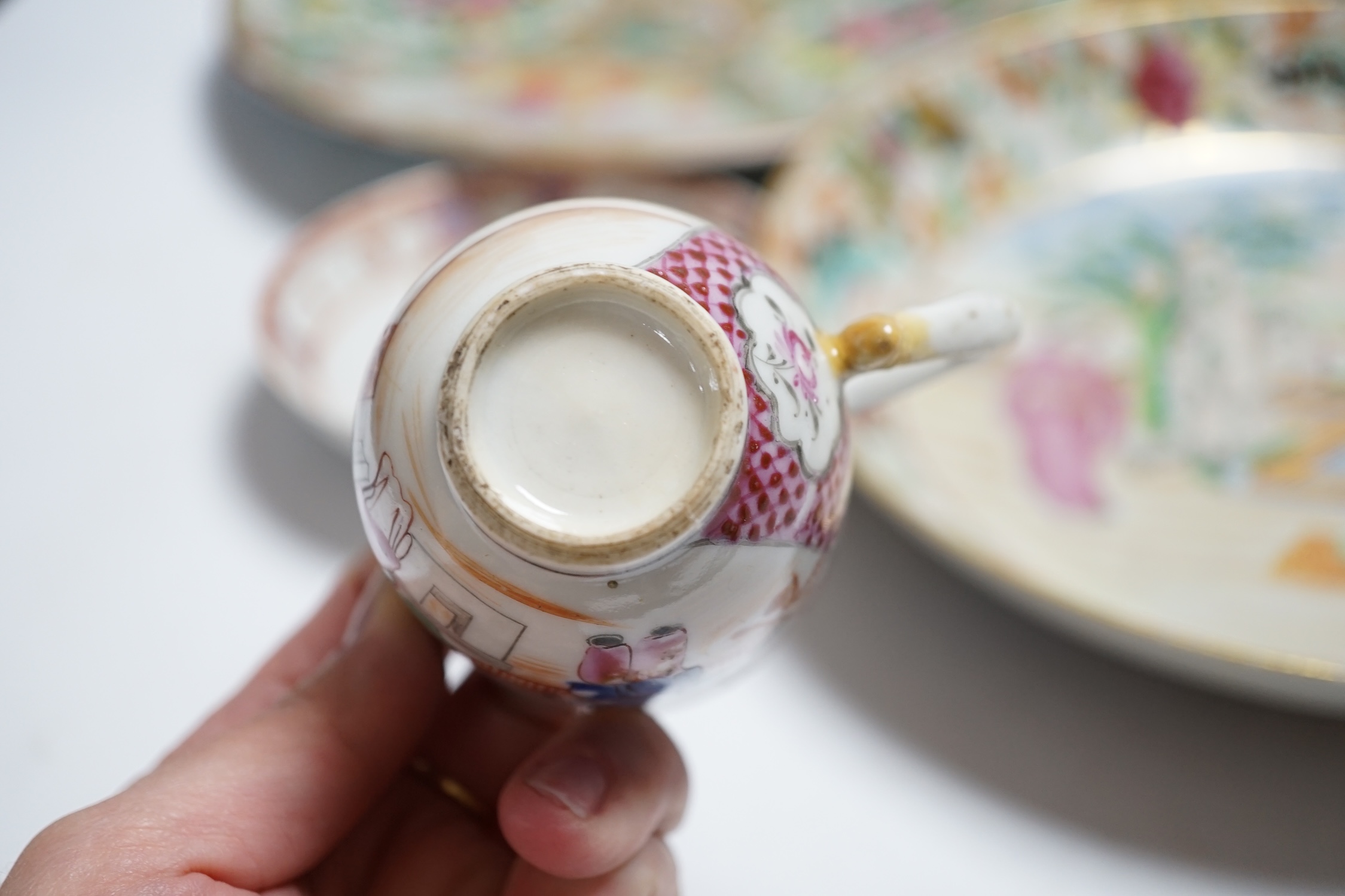 Chinese famille rose porcelain including plates, cups, saucers and a figure, 18th and 19th century, largest 27cm diameter